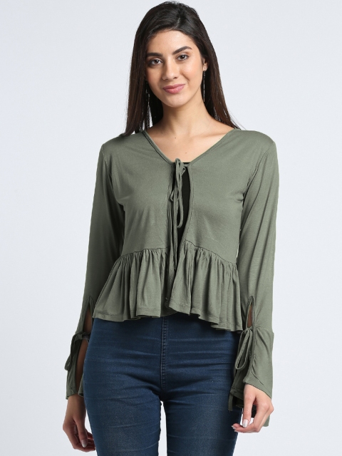 

Trend Arrest Olive Green Solid Tie-Up Shrug
