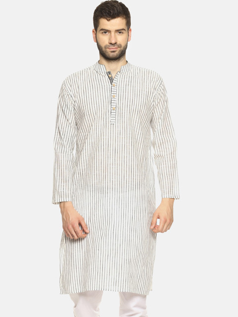 

PAROKSH Men Grey & Off-White Striped Straight Kurta