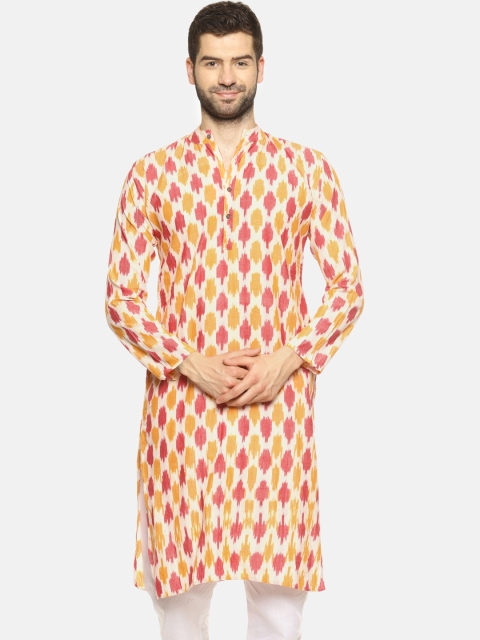 

PAROKSH Men Cream-Coloured & Pink Woven Design Straight Kurta