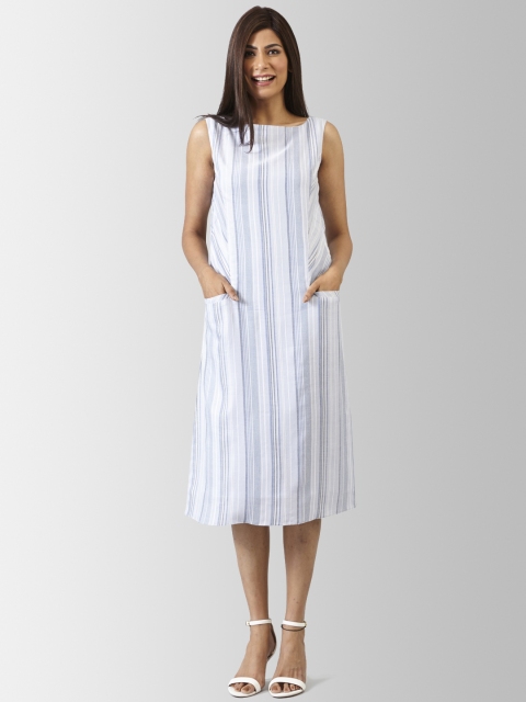 

FableStreet Women Blue & Grey Striped A-Line Dress