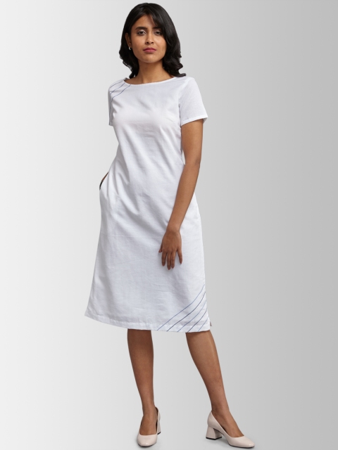 

FableStreet Women White Solid T-shirt Linen Dress