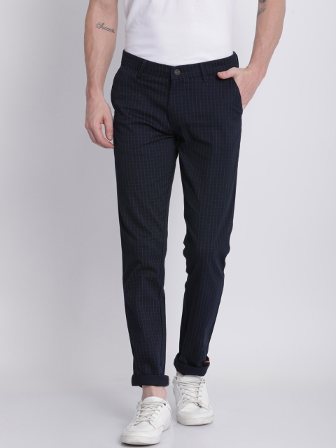 

NO NEXT Men Navy Blue Smart Slim Fit Checked Regular Trousers