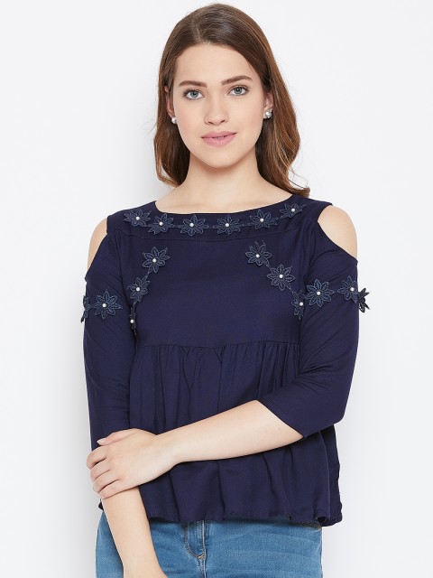 

ANTS Women Navy Blue Solid Cold Shoulder A-Line Top