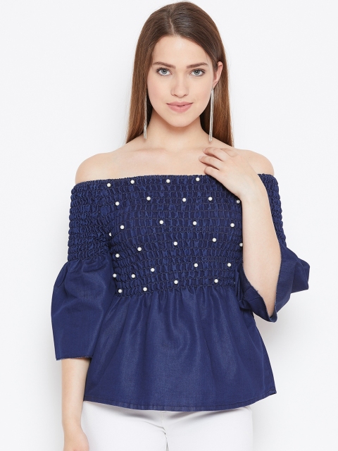 

ANTS Women Navy Blue Smocked Bardot Top