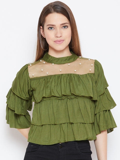 

ANTS Women Olive Green Ruffled Tiered Crop Top