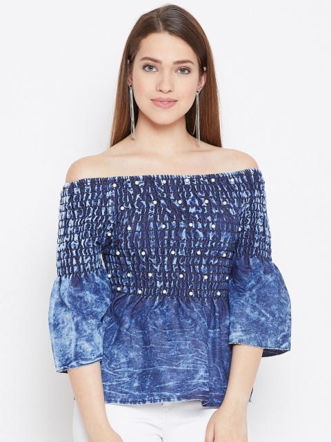 

ANTS Women Blue Acid-Washed Chambray Bardot Top