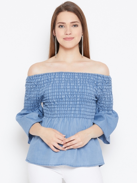 

ANTS Women Blue Solid Chambray Bardot Top