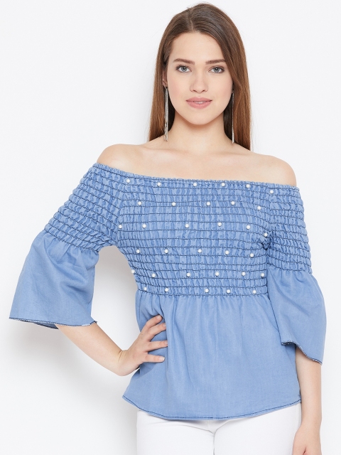 

ANTS Women Blue Smocked Bardot Top