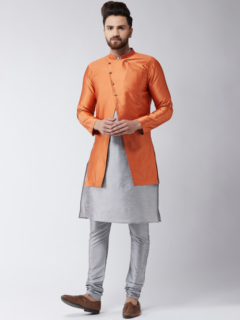 

SOJANYA Men Grey & Peach-Coloured Self Design Kurta with Churidar