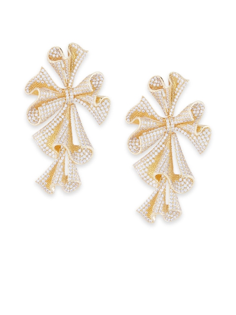 

shaze Gold-Toned & White CZ Studded Contemporary Drop Earrings
