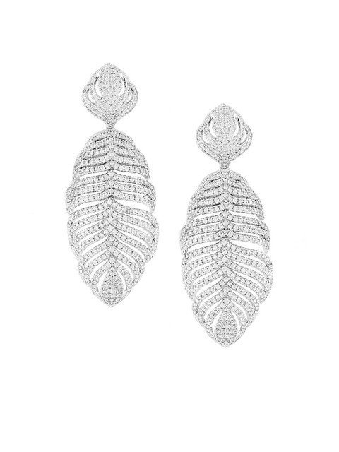 

shaze Silver-Toned CZ Studded Leaf Shaped Drop Earrings