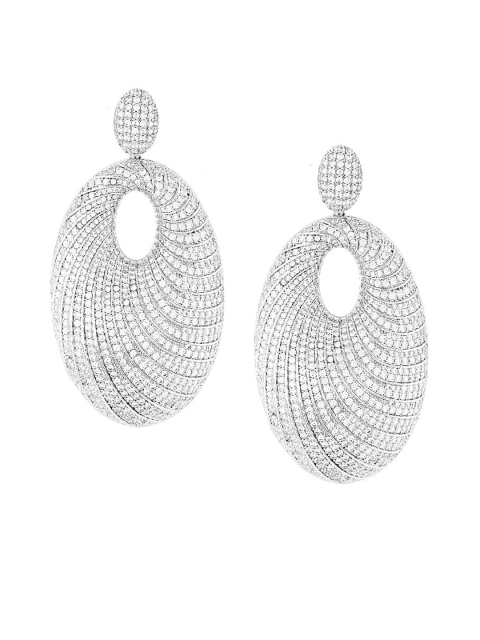 

shaze Silver-Toned CZ Studded Oval Drop Earrings