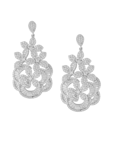 

shaze Silver-Toned Floral CZ Studded Drop Earrings