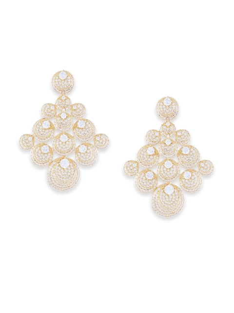 

shaze Gold-Toned & White CZ Studded Circular Drop Earrings