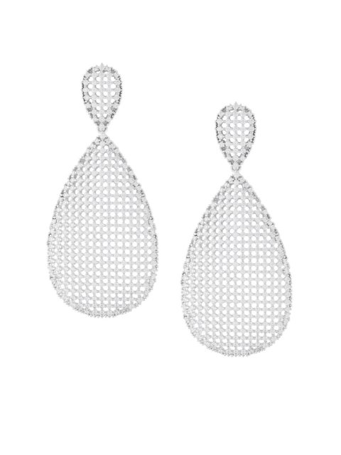 

shaze Silver-Toned Teardrop Shaped CZ Studded Drop Earrings
