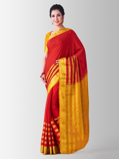 

MIMOSA Red & Orange Poly Crepe Solid Mysore Silk Saree