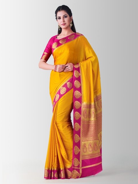 

MIMOSA Mustard Yellow & Pink Poly Crepe Solid Mysore Silk Saree