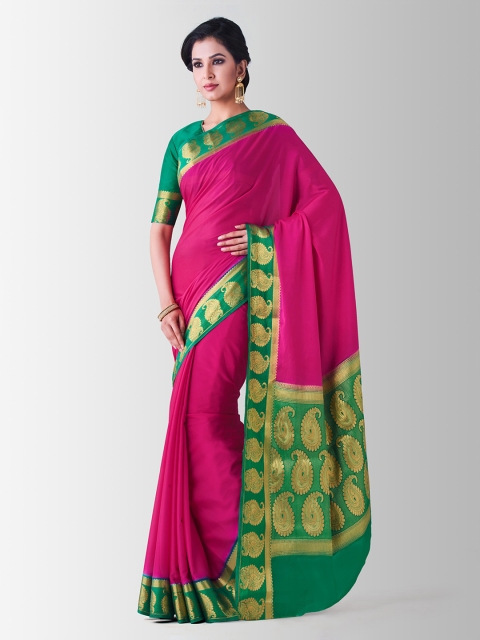 

MIMOSA Pink & Green Poly Crepe Solid Mysore Silk Saree