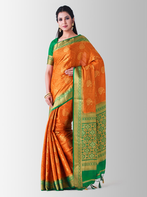 

MIMOSA Orange & Green Art Silk Woven Design Kanjeevaram Saree