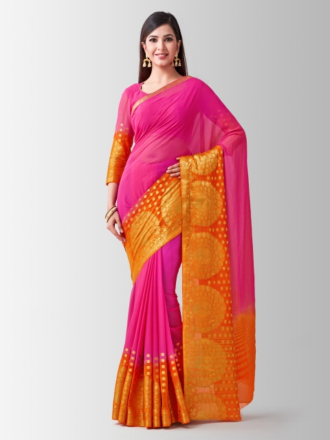 

MIMOSA Pink & Orange Poly Chiffon Woven Design Kanjeevaram Saree