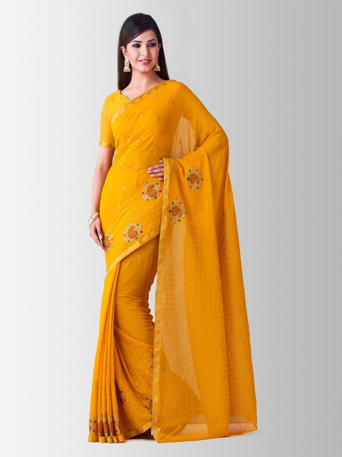 

MIMOSA Mustard Yellow Poly Chiffon Embroidered Banarasi Saree