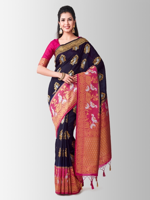 

MIMOSA Navy Blue Art Silk Woven Design Kanjeevaram Saree