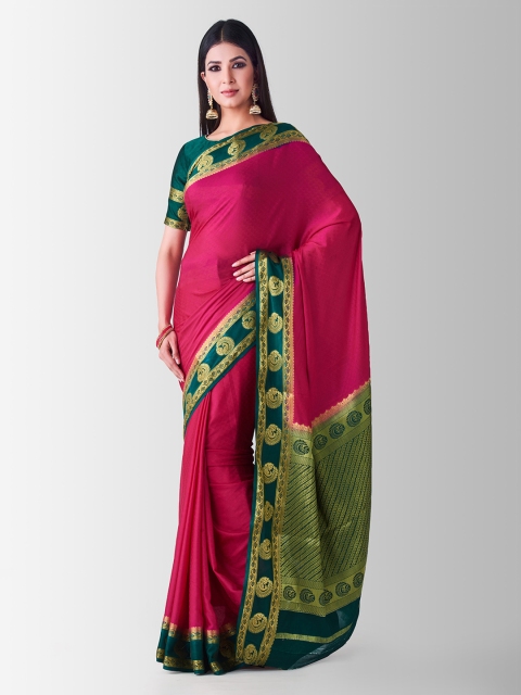 

MIMOSA Pink & Green Poly Crepe Solid Mysore Silk Saree