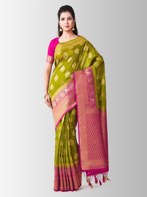 

MIMOSA Olive Green & Pink Art Silk Woven Design Kanjeevaram Saree