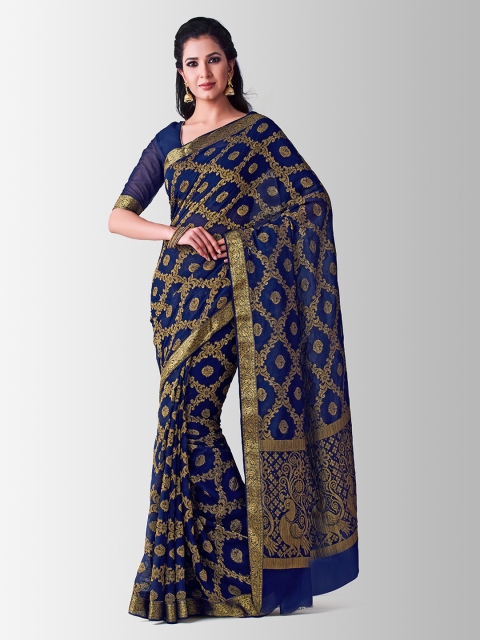 

MIMOSA Navy Blue & Gold-Toned Poly Chiffon Woven Design Kanjeevaram Saree