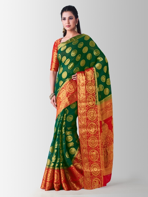 

MIMOSA Green & Gold-Coloured Poly Chiffon Woven Design Kanjeevaram Saree