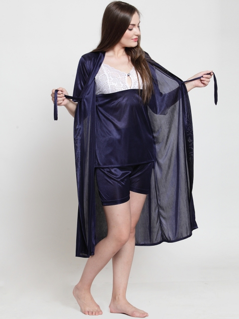

Claura Women Navy Blue & White Solid Night suit
