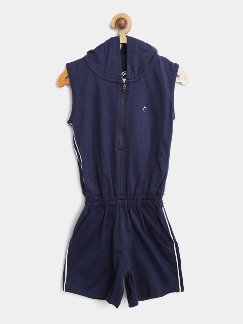 

Gini and Jony Navy Blue Solid Hooded Playsuit