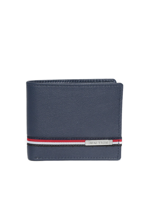 

United Colors of Benetton Men Navy Blue Leather Striped Detail Two Fold Wallet