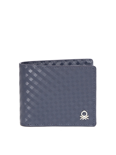 United Colors of Benetton Men Navy Blue Checked Leather Two Fold Wallet