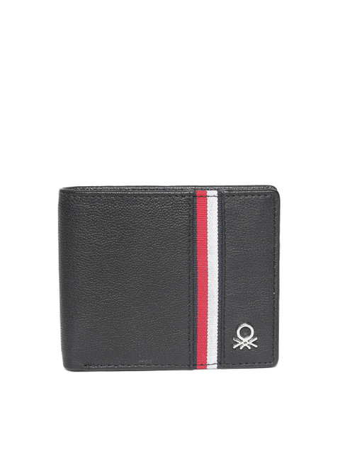 

United Colors of Benetton Men Black Leather Striped Detail Two Fold Wallet