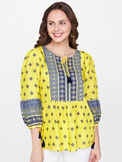 

Global Desi Women Yellow Printed Top