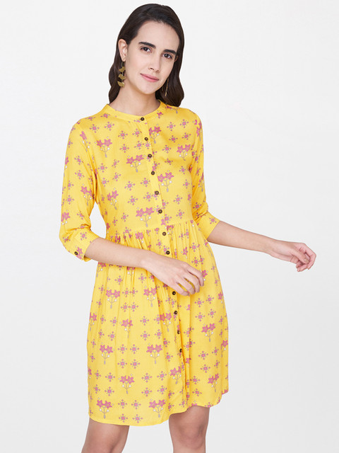 

Global Desi Women Yellow Printed A-Line Dress