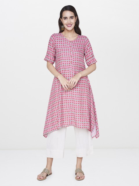 

Global Desi Women Pink & Grey Printed A-Line Kurta