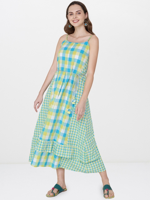 

Global Desi Women Green & Yellow Checked A-Line Dress