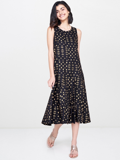 

Global Desi Women Black & Gold Printed Sleeveless A-Line Dress