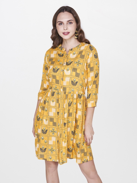 

Global Desi Women Mustard Yellow & Blue Printed Fit & Flare Dress