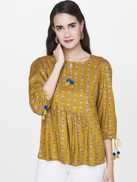 

Global Desi Women Mustard Yellow Printed A-Line Top
