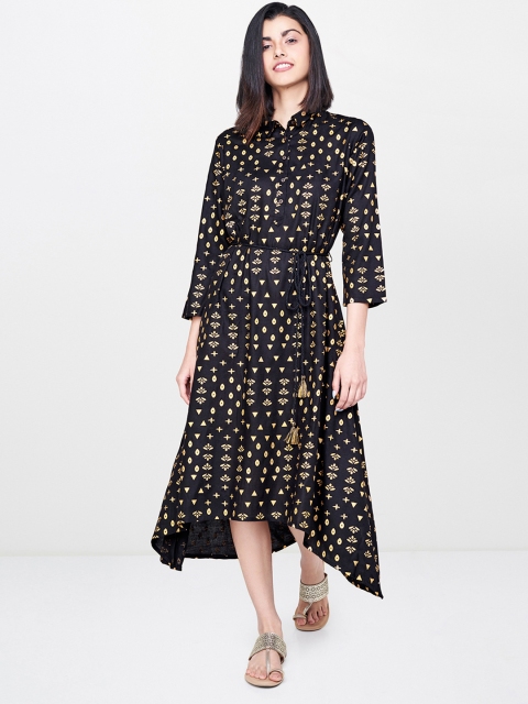 

Global Desi Women Black & Gold Printed Ethnic A-Line Dress
