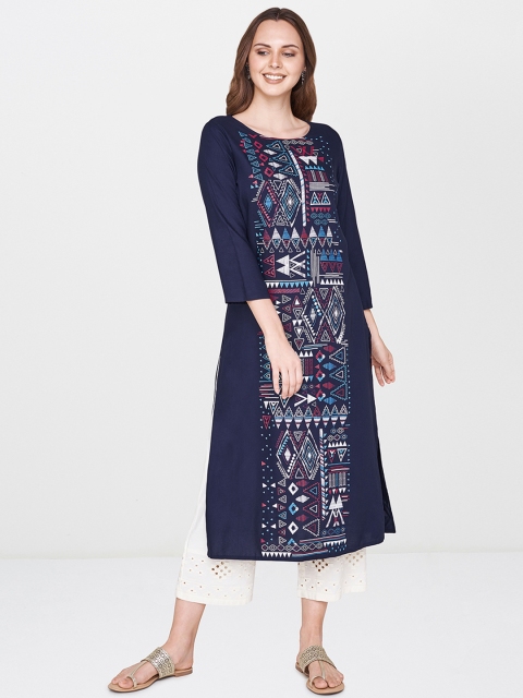

Global Desi Women Navy Blue Printed Straight Kurta