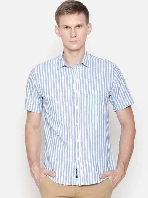 

Linen Club Men Blue & White Regular Fit Striped Casual Shirt