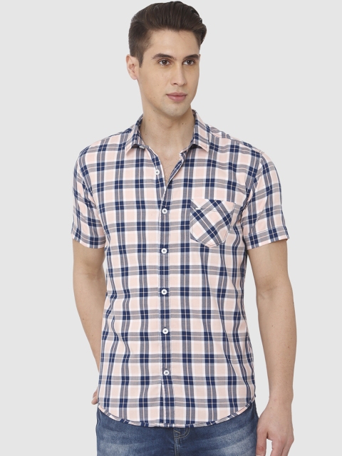 

Mufti Men Peach-Coloured & Blue Slim Fit Checked Casual Shirt