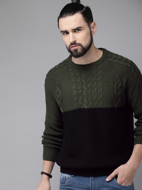 

Roadster Men Black & Olive Green Colourblocked Sweater