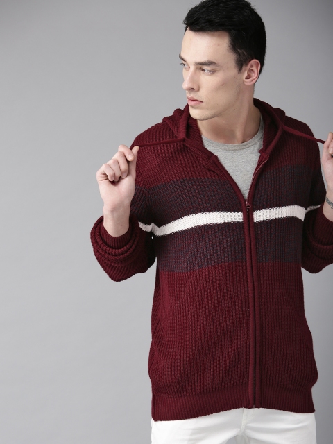 

Roadster Men Maroon & Navy Blue Colourblocked Cardigan Sweater