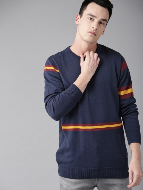 

The Roadster Lifestyle Co Men Navy Blue Placement Striped Sweater