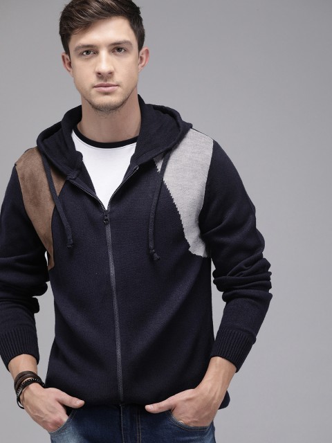 

Roadster Men Navy Blue Solid Front-Open Sweater